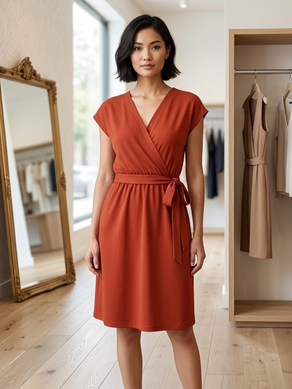 Como Vintage Rust Wrap Midi Dress
